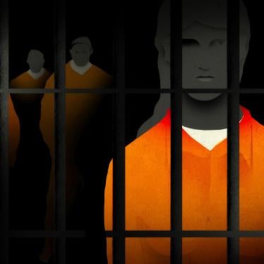 An illustration depicts a transgender woman housed in a men's immigration detention facility.