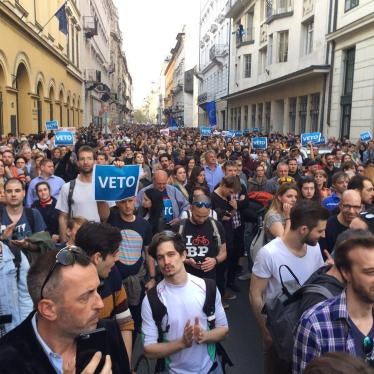 People in Budapest protest a draft law targeting Central European University, Hungary, April 4, 2017.
