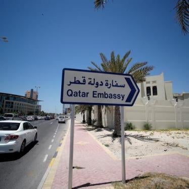 A sign indicating a route to Qatar embassy is seen in Manama, Bahrain, June 5, 2017. 