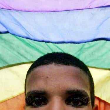 A man shows his rainbow flag during the Gay Pride parade in Rio de Janeiro, Brazil, July 30, 2006.