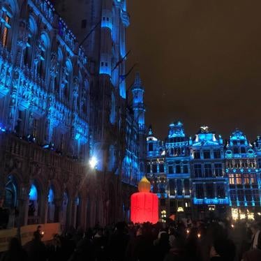 Grand Place in Brussels lit in blue for human rights 