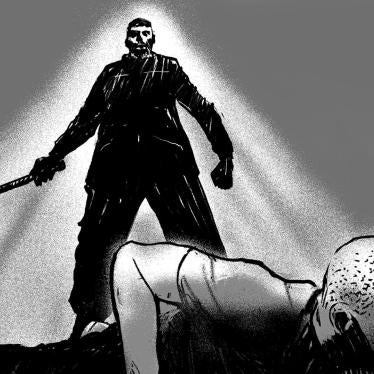 Illustration based on a detainee's testimony about abuse inflicted on him in detention in the Grozny Internal Affairs Department compound, in Chechnya because of his presumed sexual orientation.